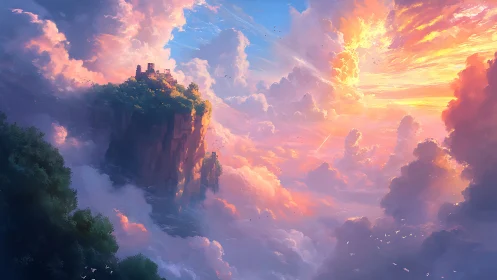 Sunlit cliffside citadel emerges through radiant evening clouds