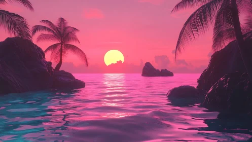 Neon pink tropical seascape shows stylized sunset horizon
