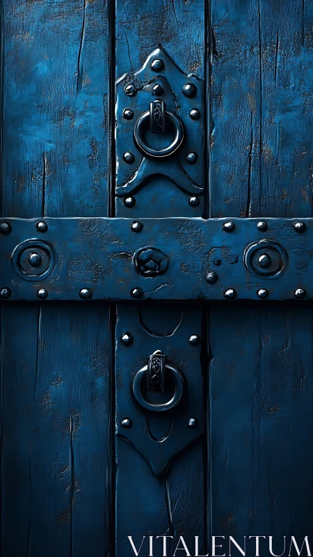 Midnight blue fortress door with twin iron ring knockers.