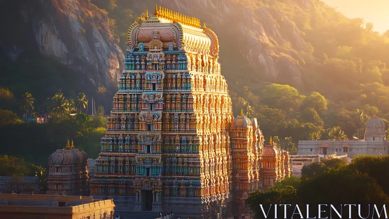 Sunlit Dravidian temple gopuram stands before forested hillside