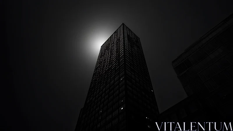 High-rise tower in backlit nighttime urban skyline.
