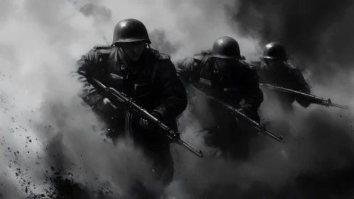 Soldiers emerging through smoke in a stark grayscale battle.