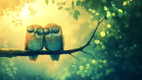 Three cute cartoon owls on a branch in glowing forest light.