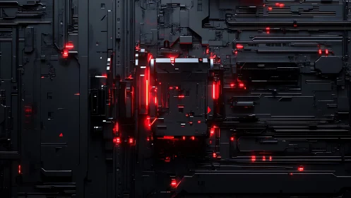 Dark futuristic circuit wall with glowing red core lights.