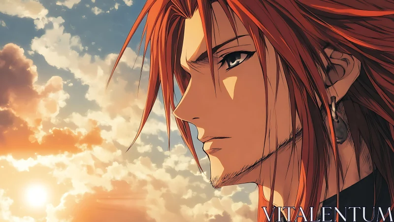Red haired anime male profile is lit by low sunset light