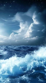Night ocean waves under starry sky and dense cloud formations.