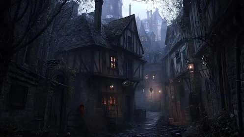 Narrow medieval alley with timber houses at dusk.