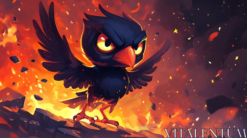 Fierce cartoon black bird in fiery explosion, digital art style.