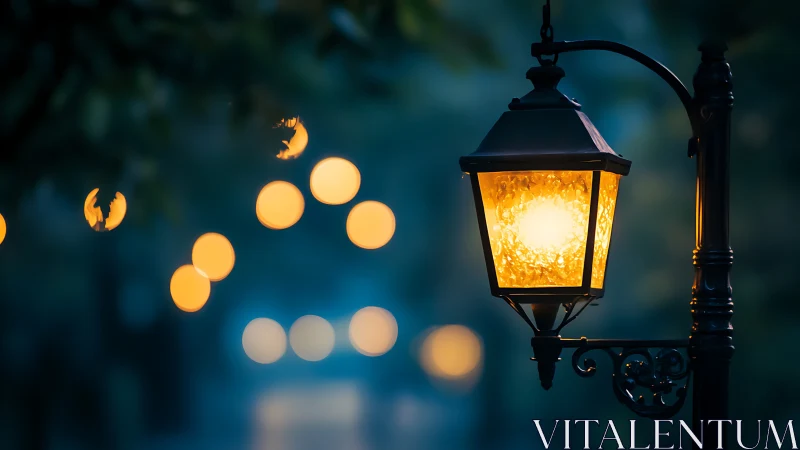 Vintage street lamp glows softly against dreamy bokeh night.