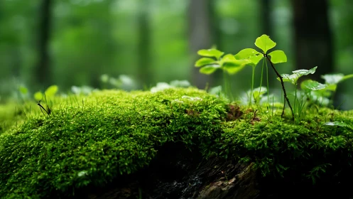 Moss covered log with young green plants in soft forest light.
