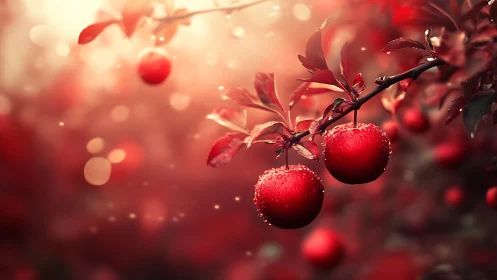 Sunlit red apples glow gently on a dewy autumn branch