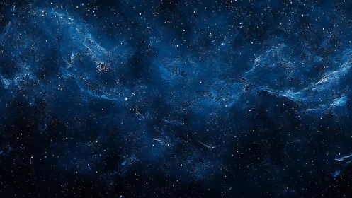 Star-filled deep blue nebula swirls across cosmic night sky.
