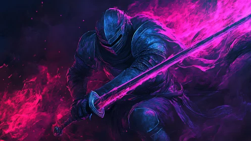 Neon armored knight wielding flaming magenta greatsword.