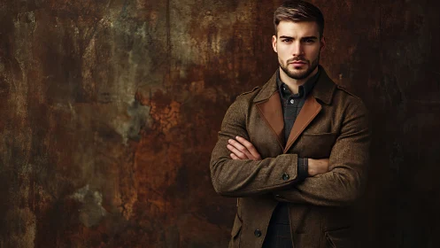 Crisp autumn coat turns a moody wall into quiet drama