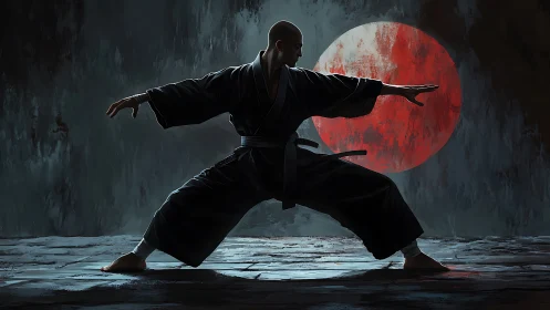 Martial artist silhouette poised before textured red moon.