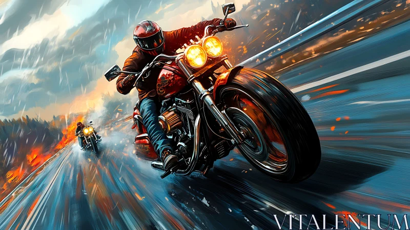 Motorcyclists on wet highway with fire along roadside.