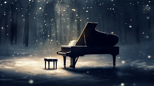 Grand piano and stool in snowy forest clearing at night.