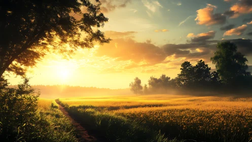 Sunlit country field with dirt path at low golden sunrise