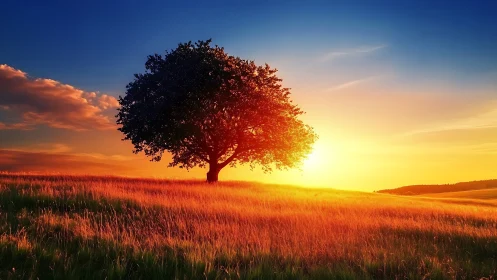 Lone tree drinking the last fire of a sweeping sunset sky.