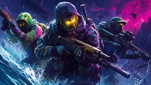 Neon tactical squad charging stormy cyberpunk shoreline.