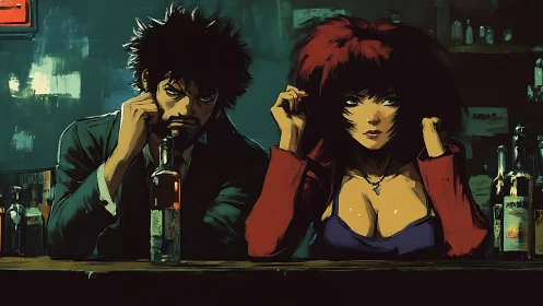 Midnight bar confidants trading glances over empty bottles.