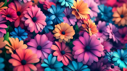 Vibrant multicolored daisies in dense digital floral cluster.