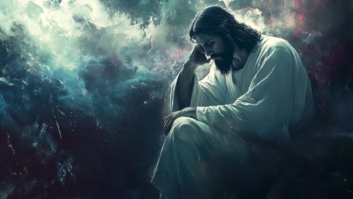 Silent-robed figure listens to storm-tossed prayers in dusk