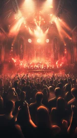 Cathedral concert bathed in glowing copper light and fire.