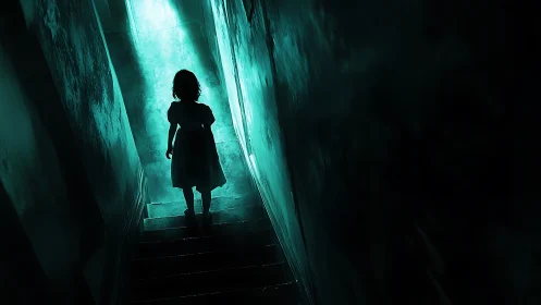 Child silhouette on dark staircase under eerie green light.