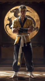 Karate fighter in yellow gi before stylized dragon emblem.
