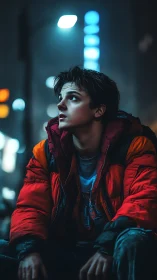 Teenager in red jacket under neon city street lighting.