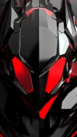 Angular black and red robotic helmet in sharp focus.