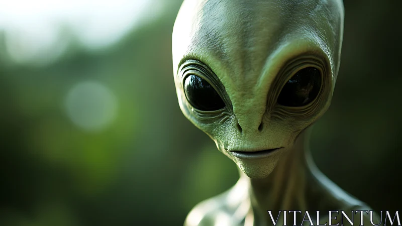 Alien portrait renders hyperreal skin detail under soft bokeh light