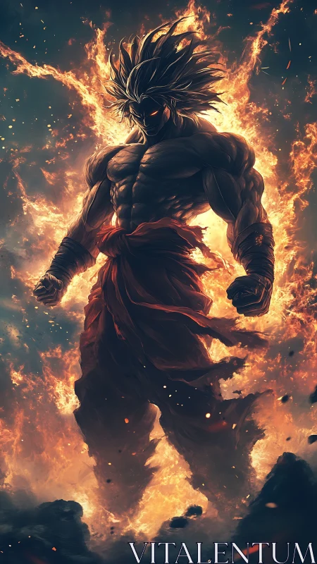 Mythic fire warrior emerges within explosive inferno field.