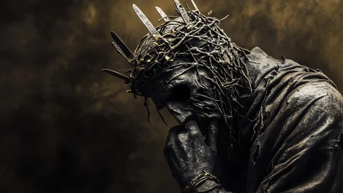 Desolate crowned figure in eroded shroud under muted light.