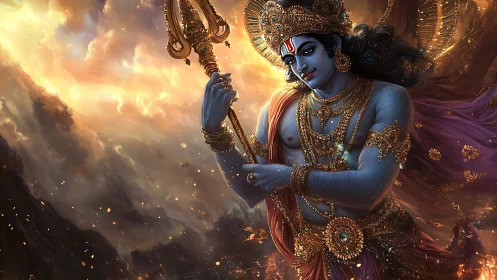 Mythic blue deity with trident amid fiery celestial storm