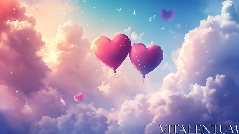 Heart Balloons Ascending Through Pastel Clouds.