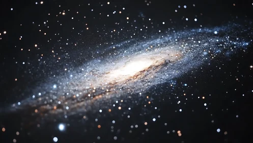 Spiral galaxy with dense star field in dark space background.