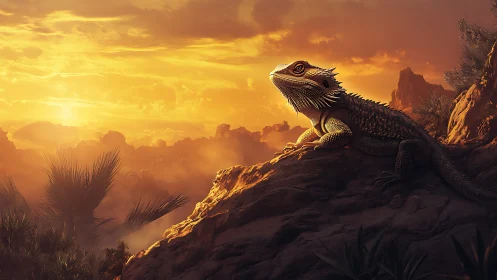 Sunlit desert dragon basking on molten-gold canyon rock.