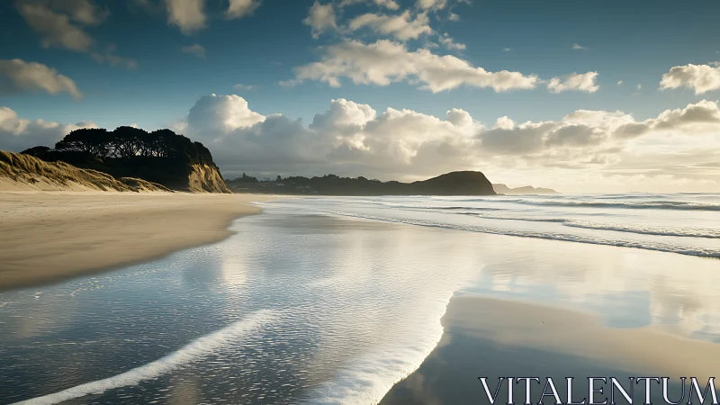 Calm empty beach with wet reflective sand at sunrise