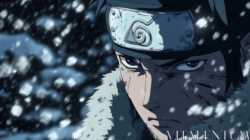 Battle-hardened ninja endures blizzard with steely resolve.