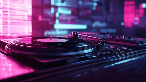 DJ turntable glows in neon nightlife with retro club energy
