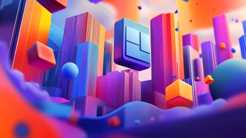 Futuristic Abstract Cityscape with Colorful 3D Geometric Shapes.