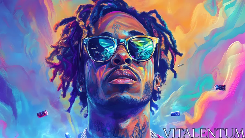 Neon crowned dreamer in swirling vaporwave color storm.