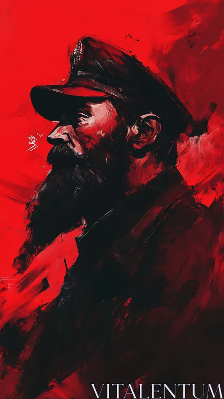 Stoic sea captain emerges from bold red abstraction