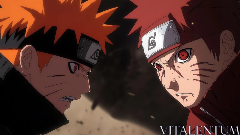 Two fierce ninja rivals lock eyes in a storm of rising dust