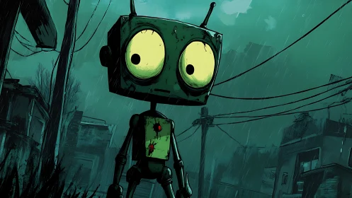 Lonely robot wanders a rain-soaked post-apocalyptic street.