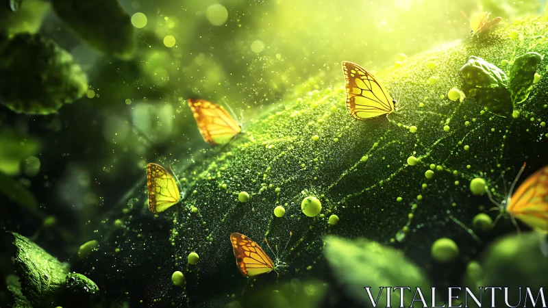 Sunlit yellow butterflies rest on dew-covered forest leaf