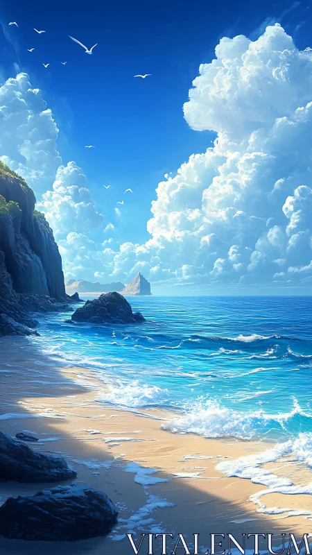 Luminescent coastal shoreline under towering cumulus clouds.