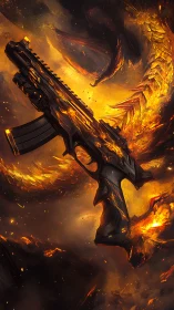 Tactical carbine rendered amid molten dragon-like flame vortices
